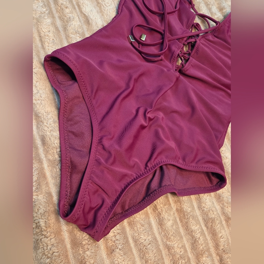 Mossimo Cherry Blossom Solid Lace Up Gold Accent One Peice Swim Suit Sz S - Picture 5 of 10